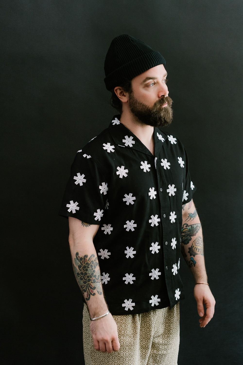 Embroidered Tencel Leisure Shirt  - Black