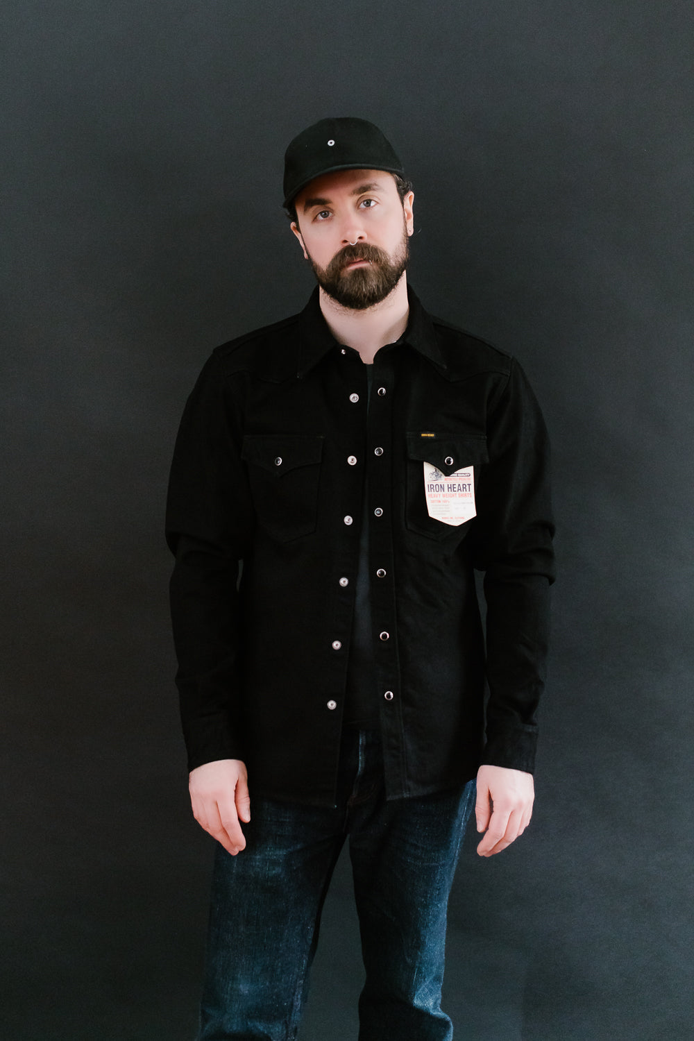 IHSH-295-BB - 14oz Selvedge Denim Western Shirt - Black, Black