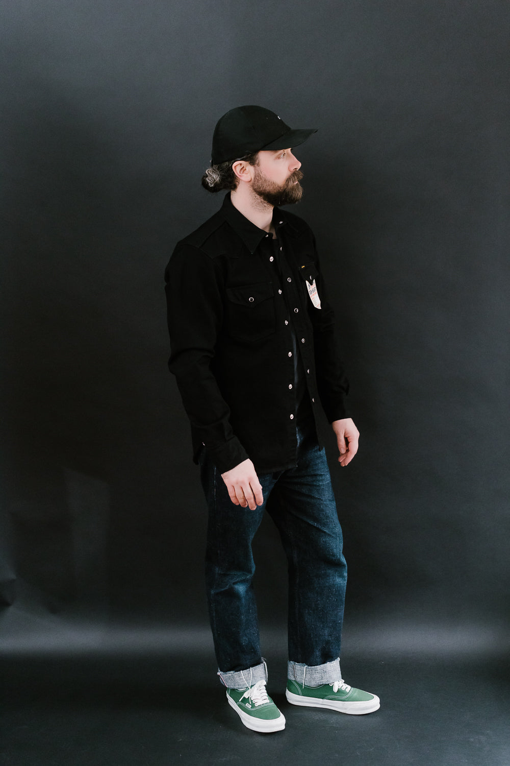 IHSH-295-BB - 14oz Selvedge Denim Western Shirt - Black, Black