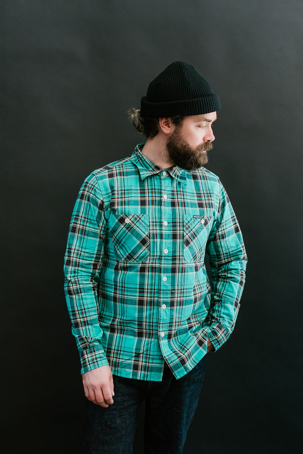 IHSH-356-GRN - 5oz Selvedge Madras Check Work Shirt - Green