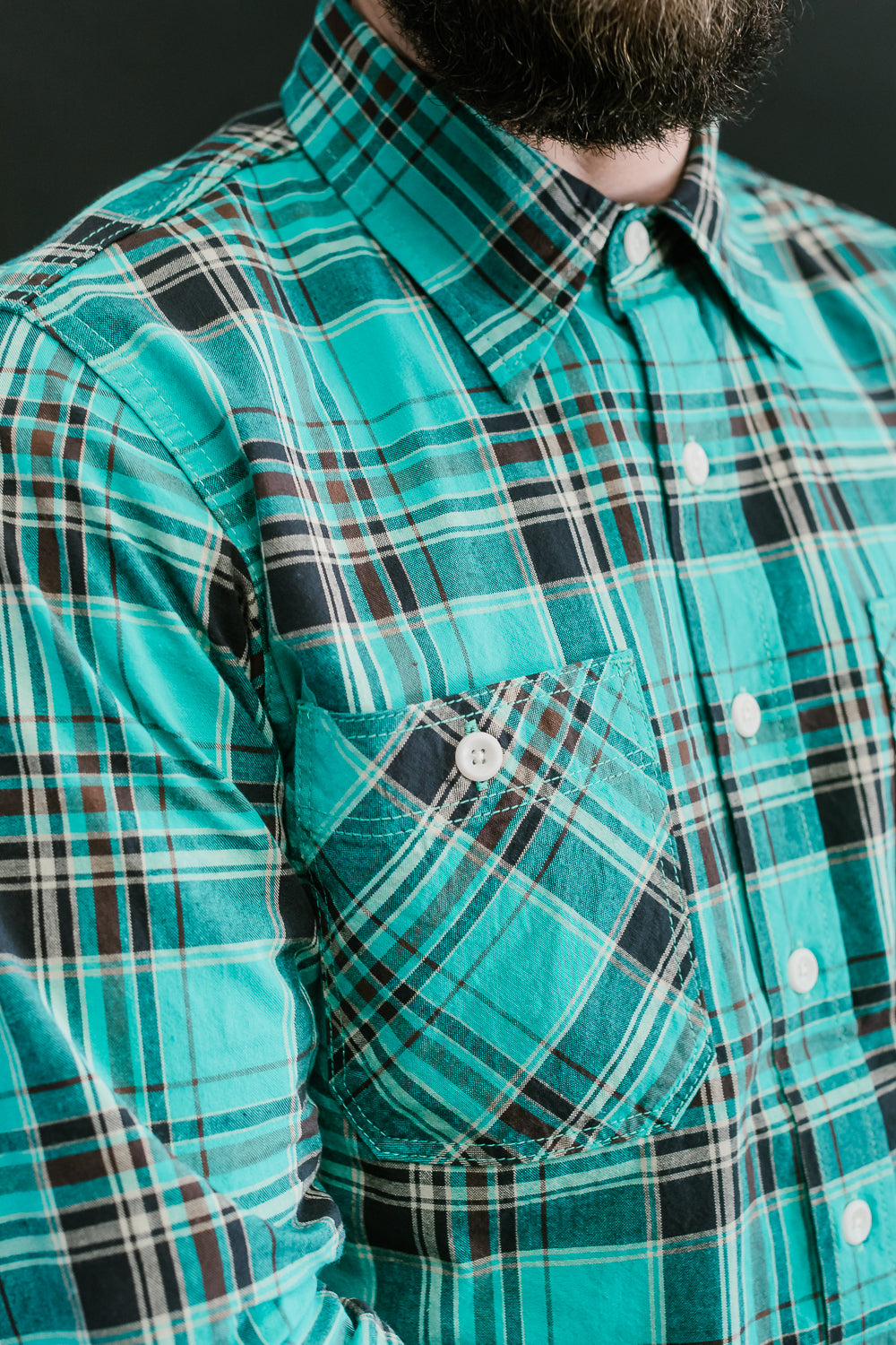 IHSH-356-GRN - 5oz Selvedge Madras Check Work Shirt - Green