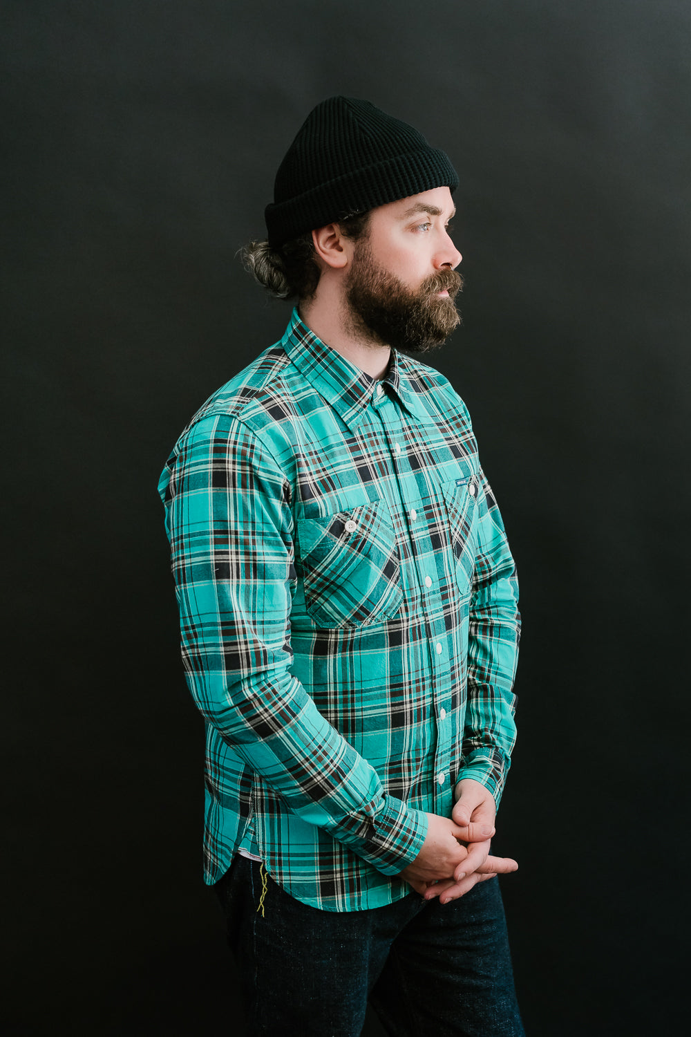 IHSH-356-GRN - 5oz Selvedge Madras Check Work Shirt - Green