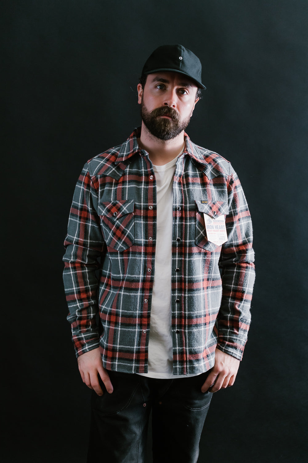 IHSH-369-GRY - 12oz Slubby Heavy Flannel Herringbone Check Western Shirt - Grey