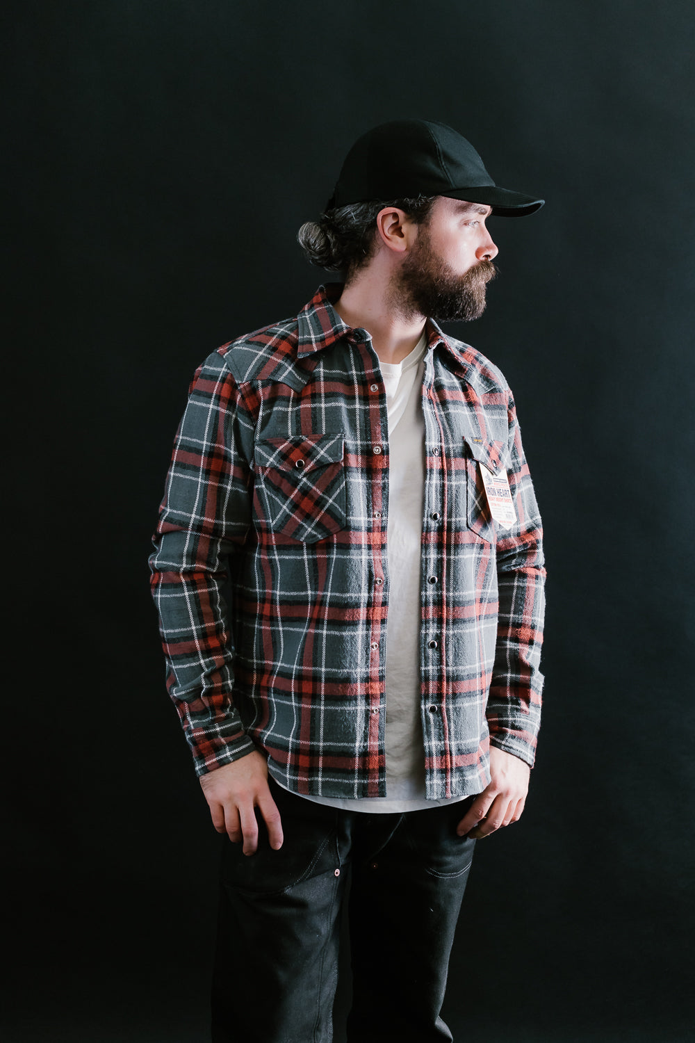 IHSH-369-GRY - 12oz Slubby Heavy Flannel Herringbone Check Western Shirt - Grey