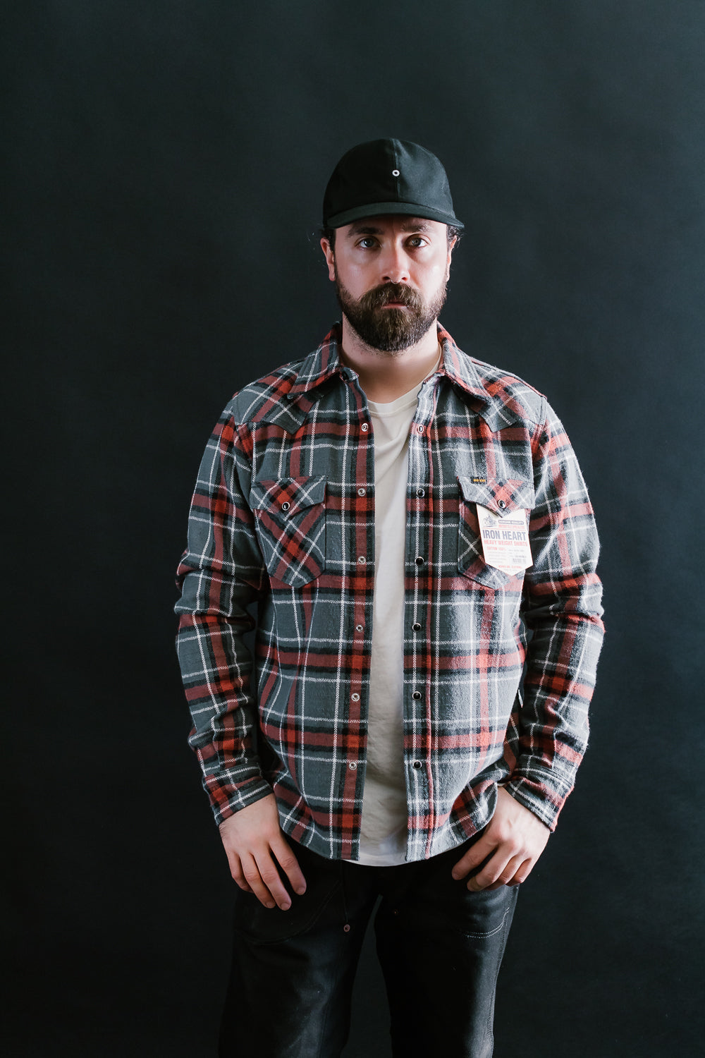 IHSH-369-GRY - 12oz Slubby Heavy Flannel Herringbone Check Western Shirt - Grey