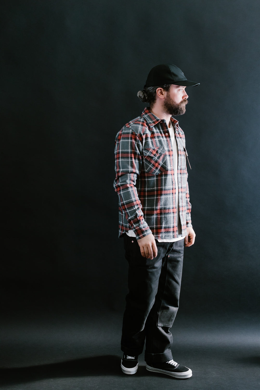 IHSH-369-GRY - 12oz Slubby Heavy Flannel Herringbone Check Western Shirt - Grey