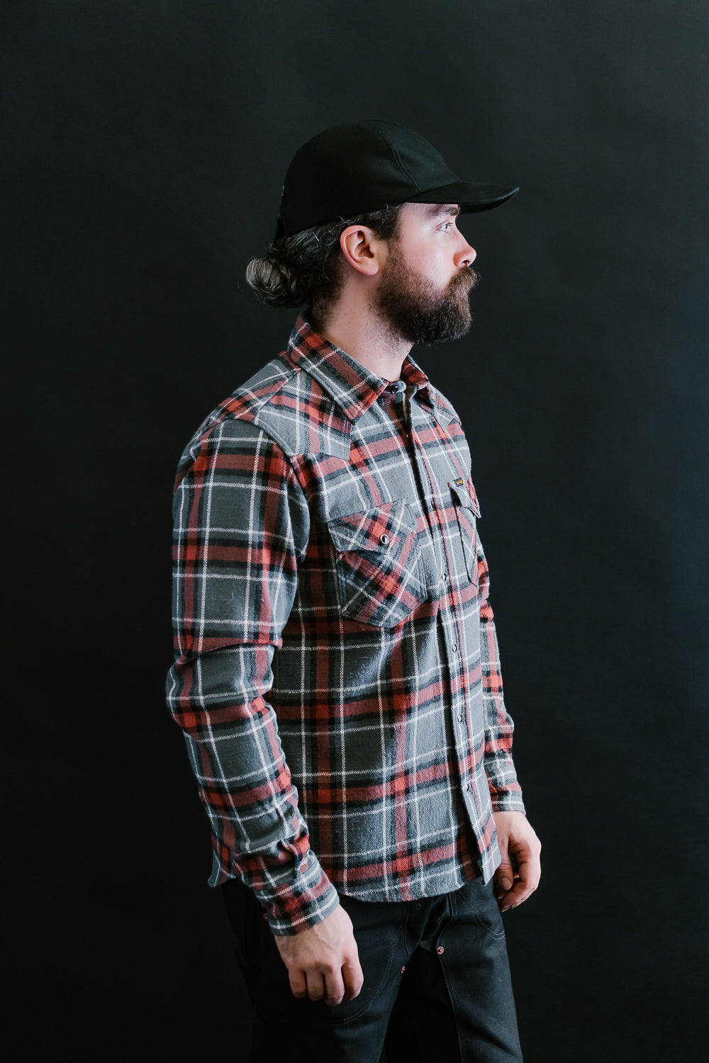 IHSH-369-GRY - 12oz Slubby Heavy Flannel Herringbone Check Western Shirt - Grey