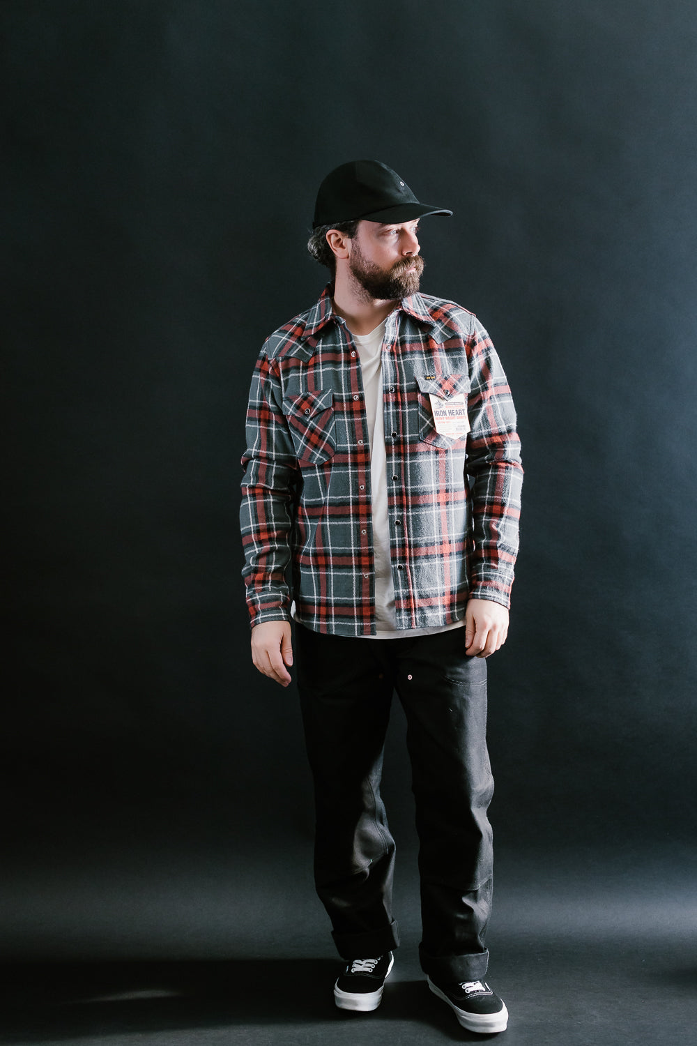 IHSH-369-GRY - 12oz Slubby Heavy Flannel Herringbone Check Western Shirt - Grey