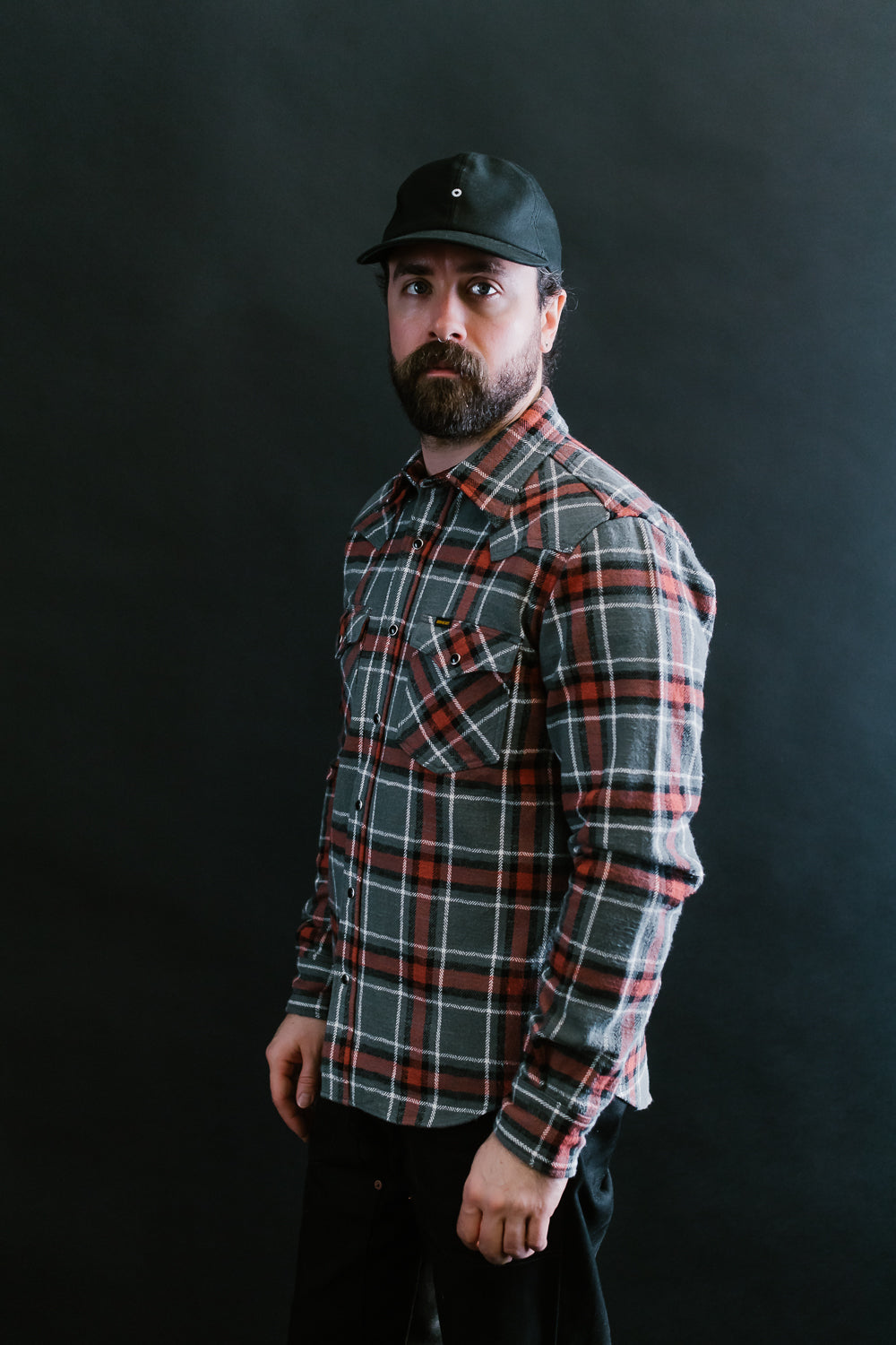 IHSH-369-GRY - 12oz Slubby Heavy Flannel Herringbone Check Western Shirt - Grey