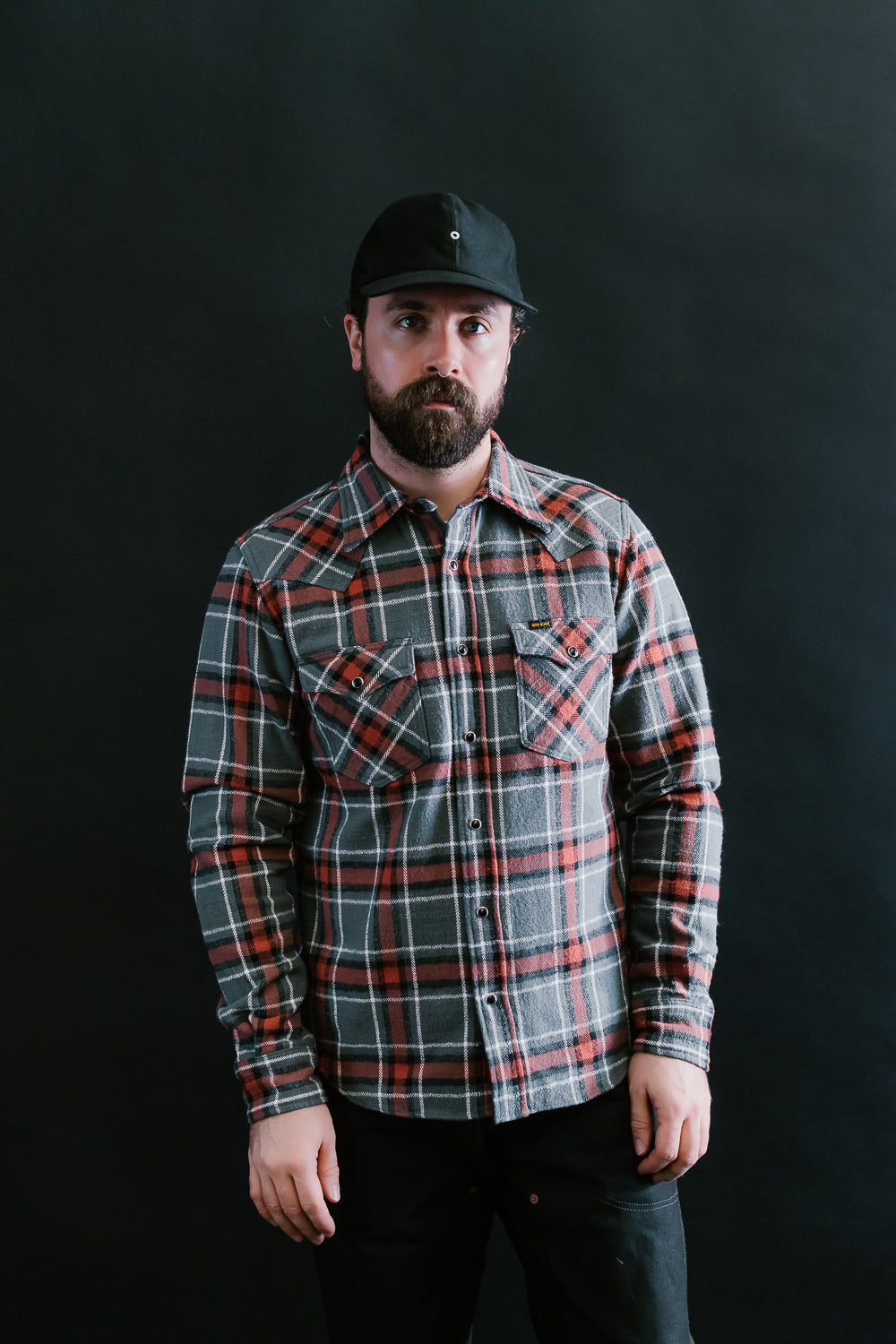 IHSH-369-GRY - 12oz Slubby Heavy Flannel Herringbone Check Western Shirt - Grey