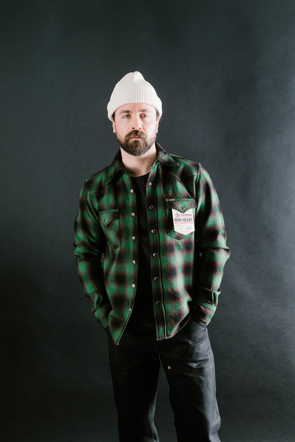 IHSH-373-GRN - Ultra Heavy Flannel Ombré Check Western Shirt - Green