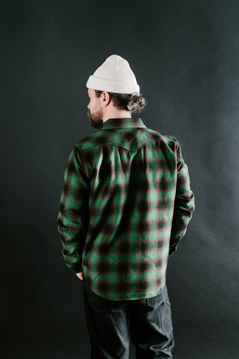 IHSH-373-GRN - Ultra Heavy Flannel Ombré Check Western Shirt - Green