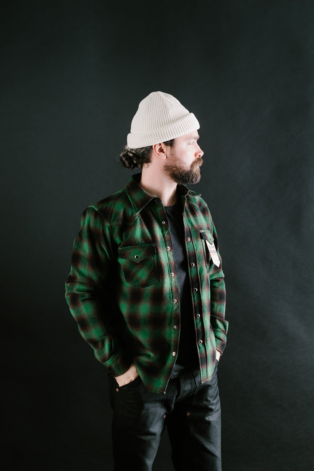 IHSH-373-GRN - Ultra Heavy Flannel Ombré Check Western Shirt - Green