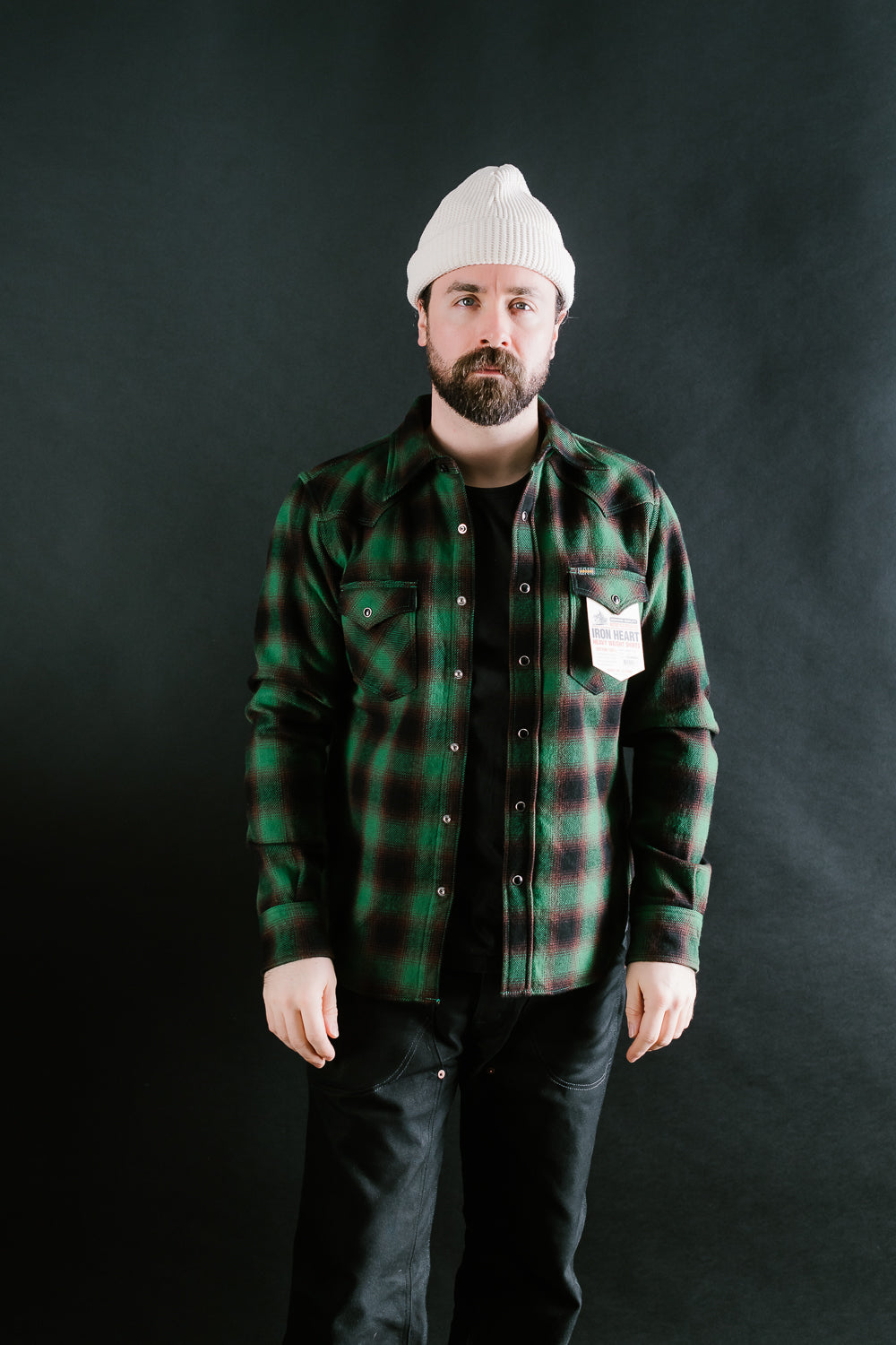 IHSH-373-GRN - Ultra Heavy Flannel Ombré Check Western Shirt - Green