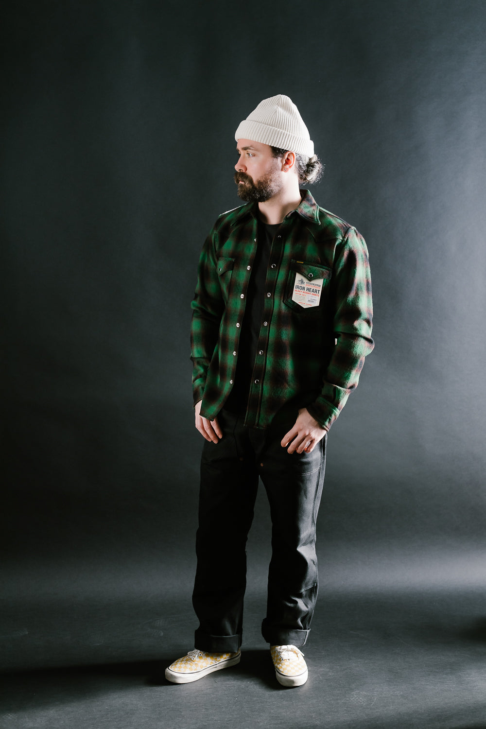 IHSH-373-GRN - Ultra Heavy Flannel Ombré Check Western Shirt - Green