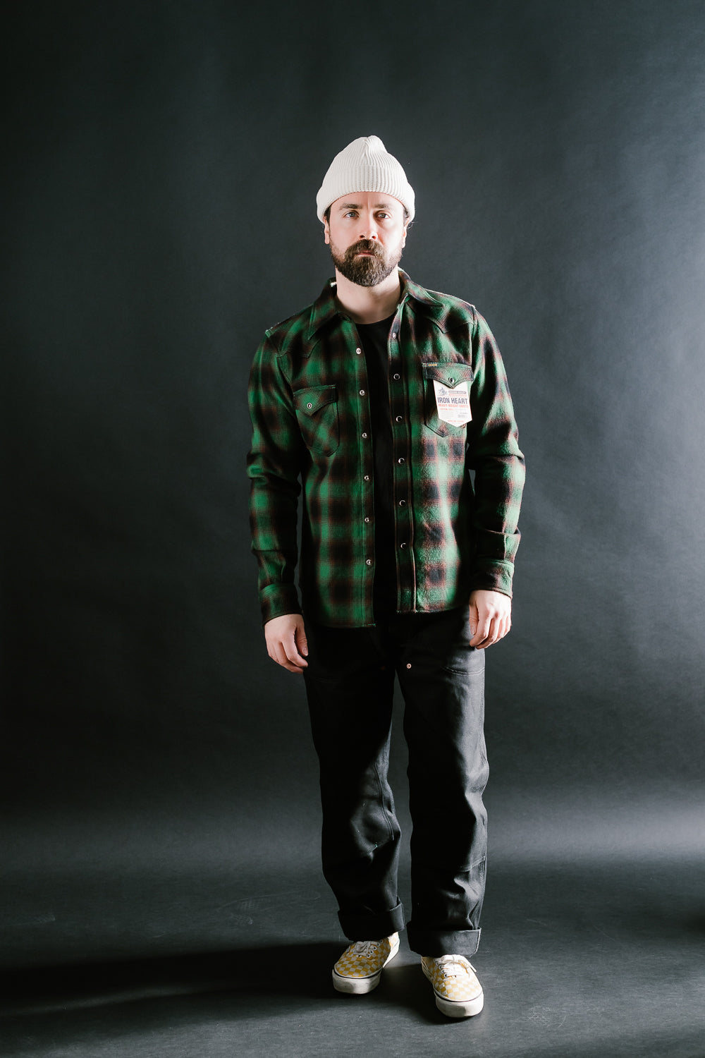 IHSH-373-GRN - Ultra Heavy Flannel Ombré Check Western Shirt - Green