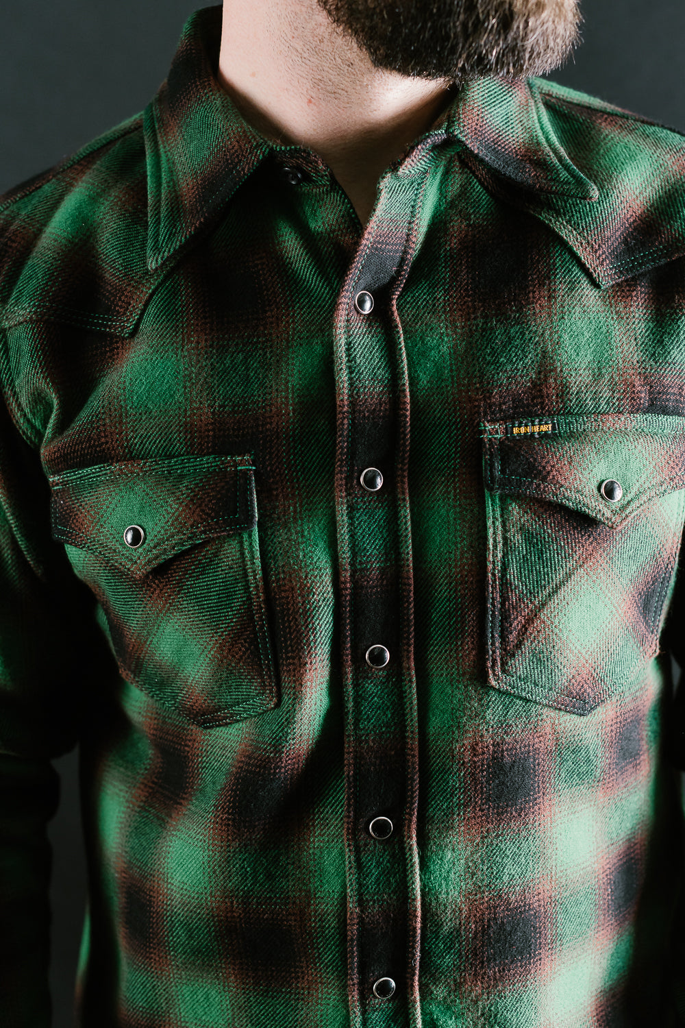 IHSH-373-GRN - Ultra Heavy Flannel Ombré Check Western Shirt - Green