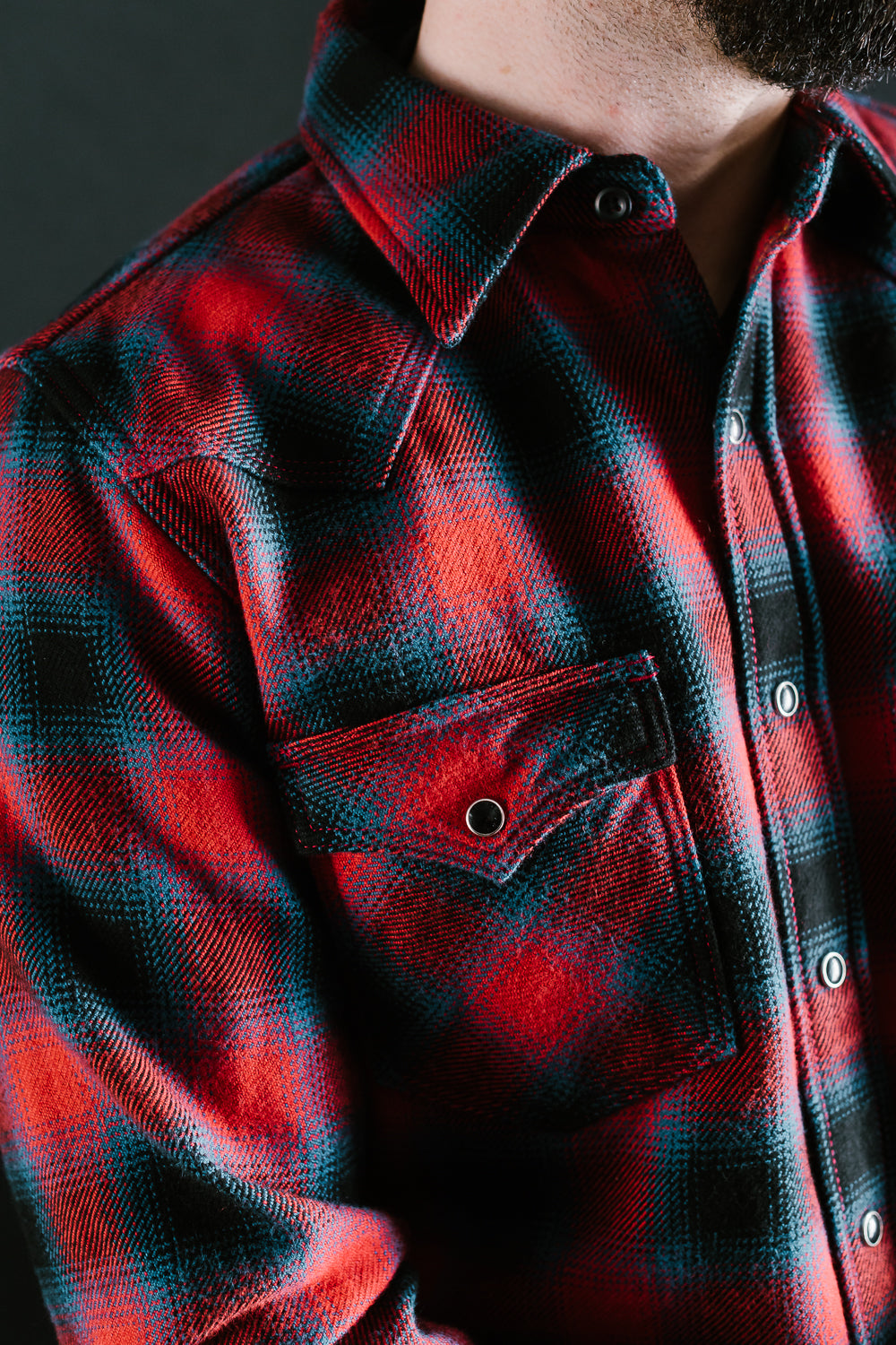 IHSH-373-RED - Ultra Heavy Flannel Ombré Check Western Shirt - Red