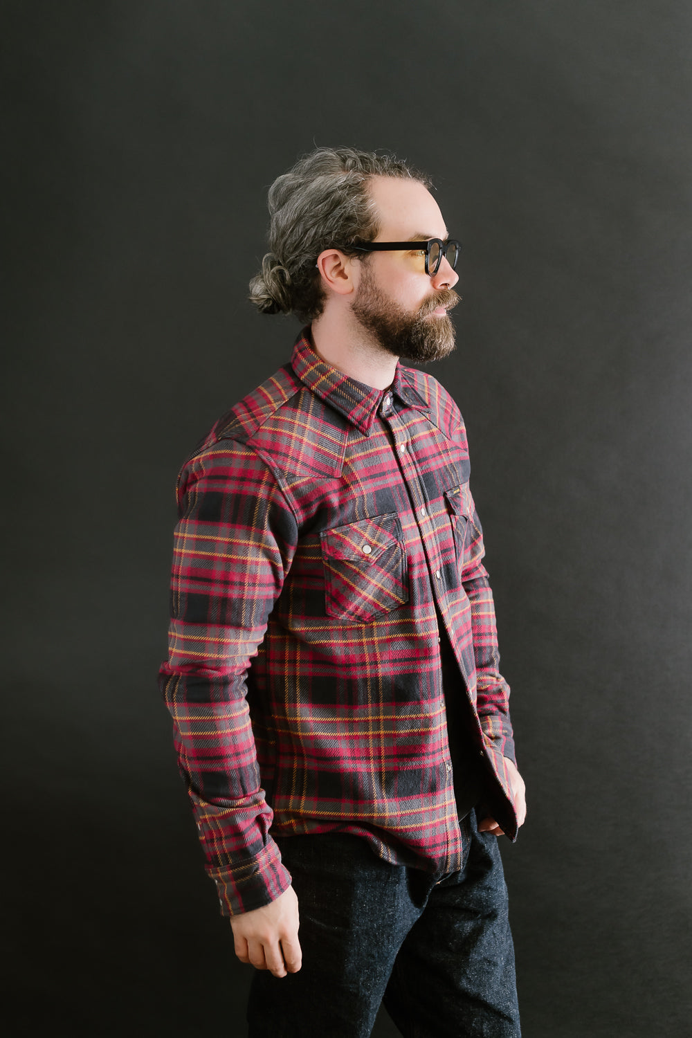 IHSH-403-GRY - 11oz Ultra Heavy Flannel Line Check Western Shirt - Grey