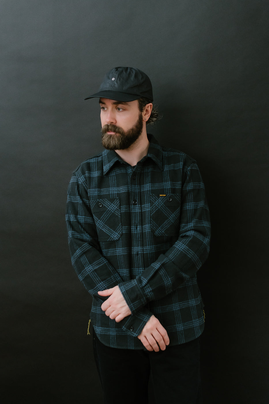 IHSH-408-BLK - 12oz Slubby Heavy Flannel Check Work Shirt - Black