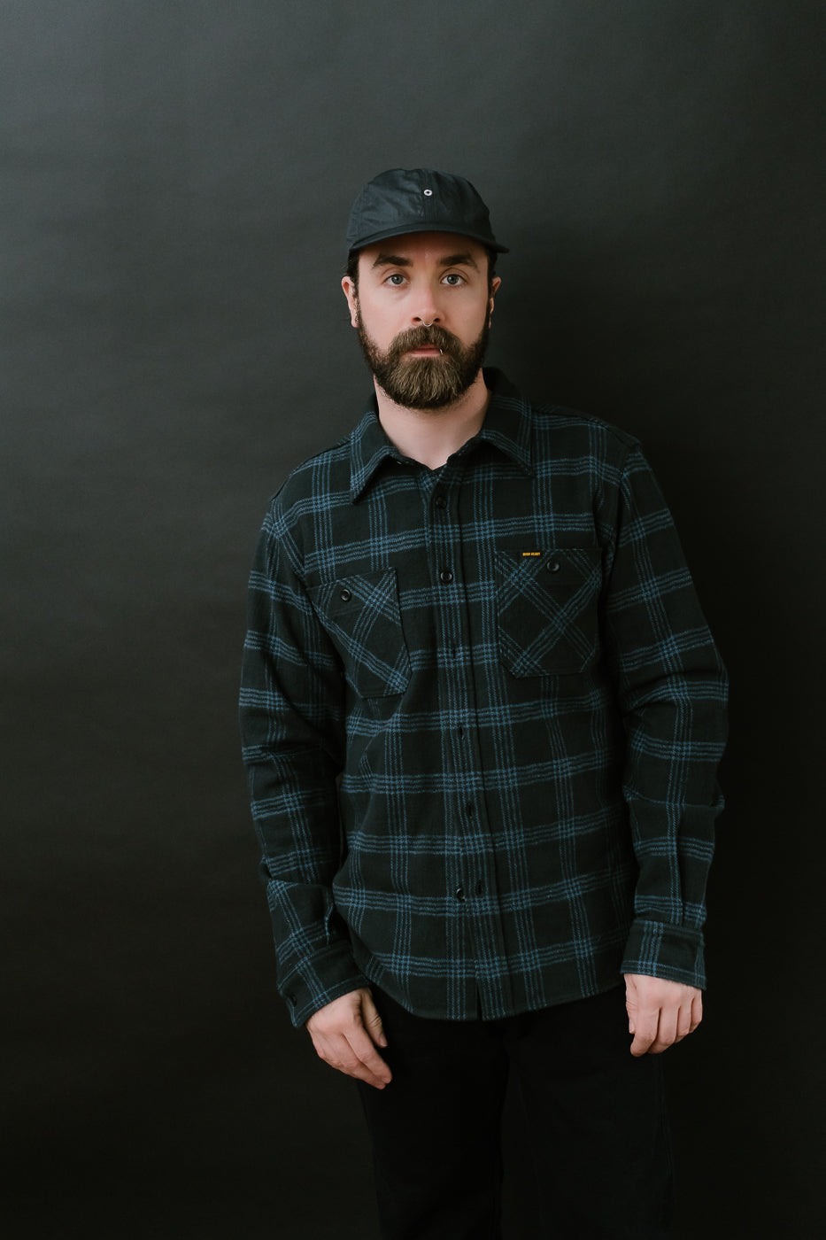 IHSH-408-BLK - 12oz Slubby Heavy Flannel Check Work Shirt - Black