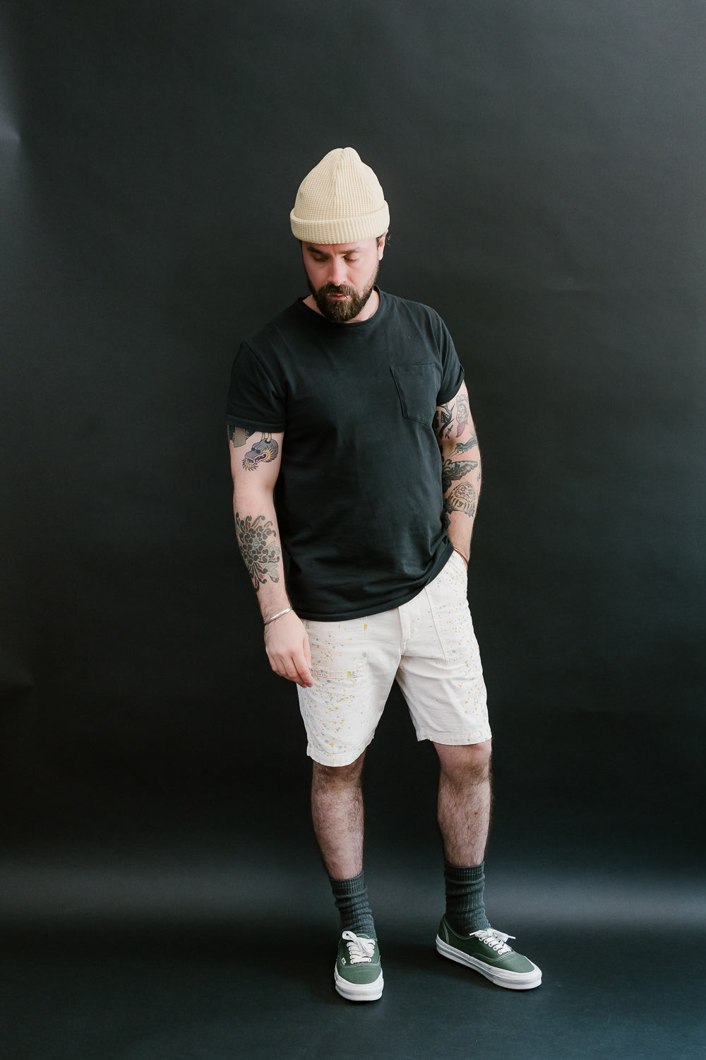 01-7002-P66 - Fatigue Shorts with Paint - Ecru