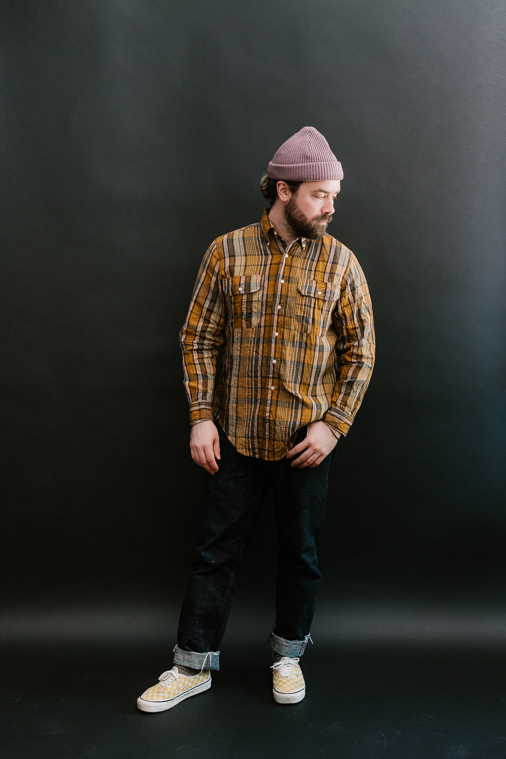 01-8113-44 - Linen Button-Down Safari Shirt - Orange Check