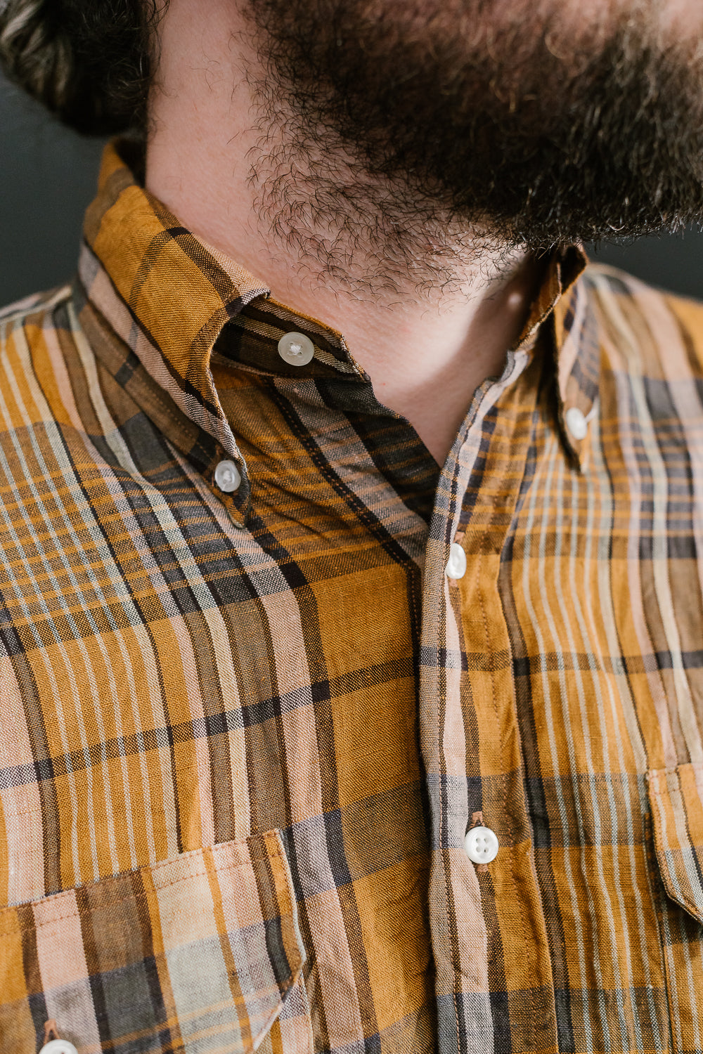 01-8113-44 - Linen Button-Down Safari Shirt - Orange Check