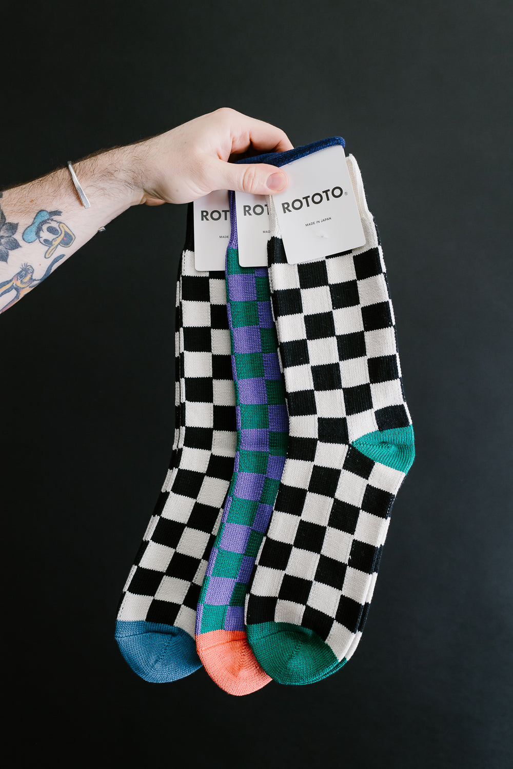 R1495 - Checkerboard Crew Socks - Purple, Green, Terracotta