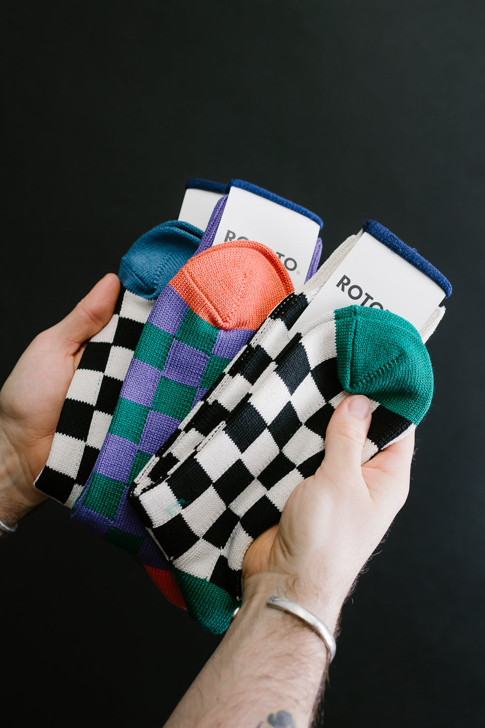 R1495 - Checkerboard Crew Socks - Purple, Green, Terracotta