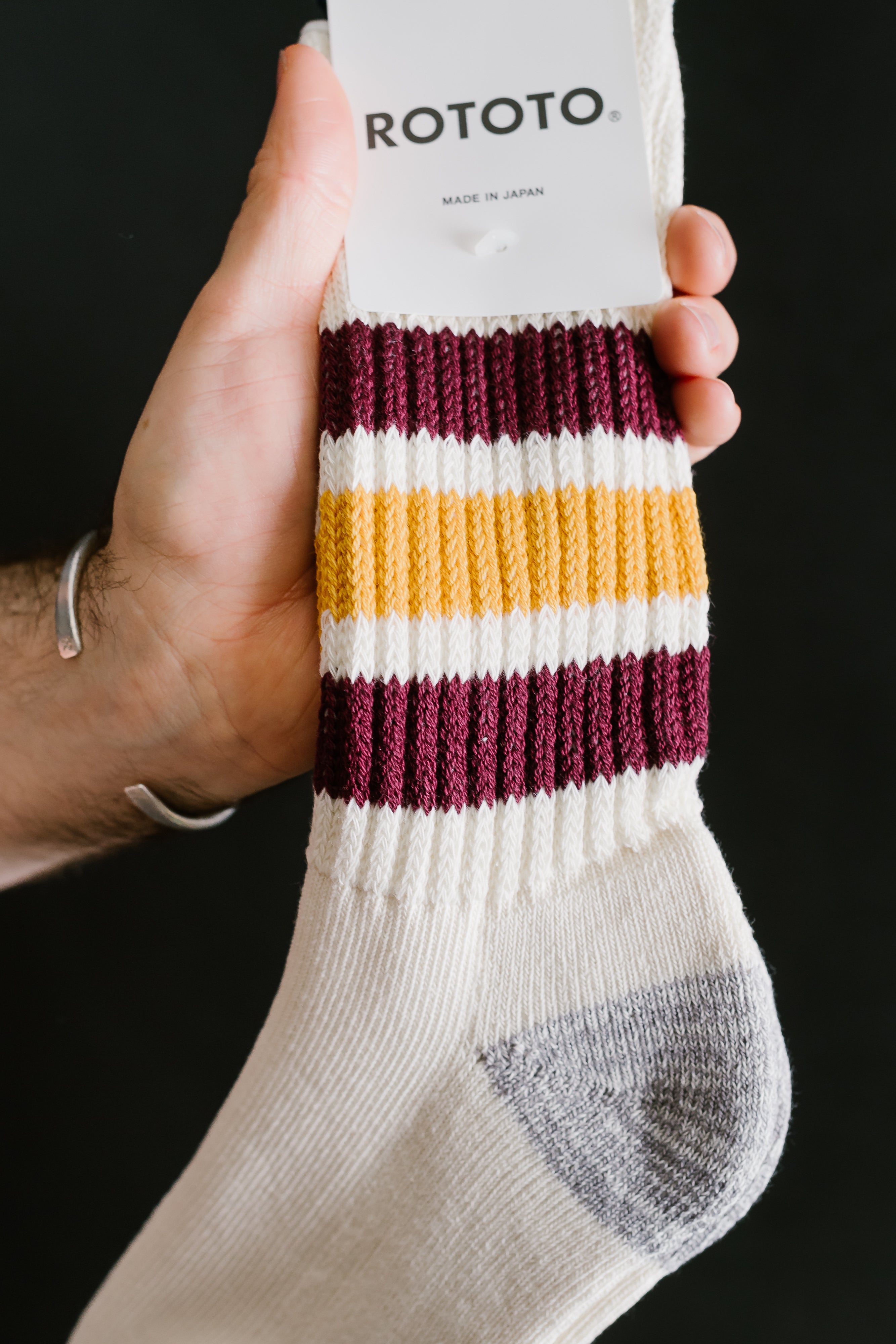 R1255 - Coarse Ribbed Old School Crew Socks - Bordeaux, Yellow