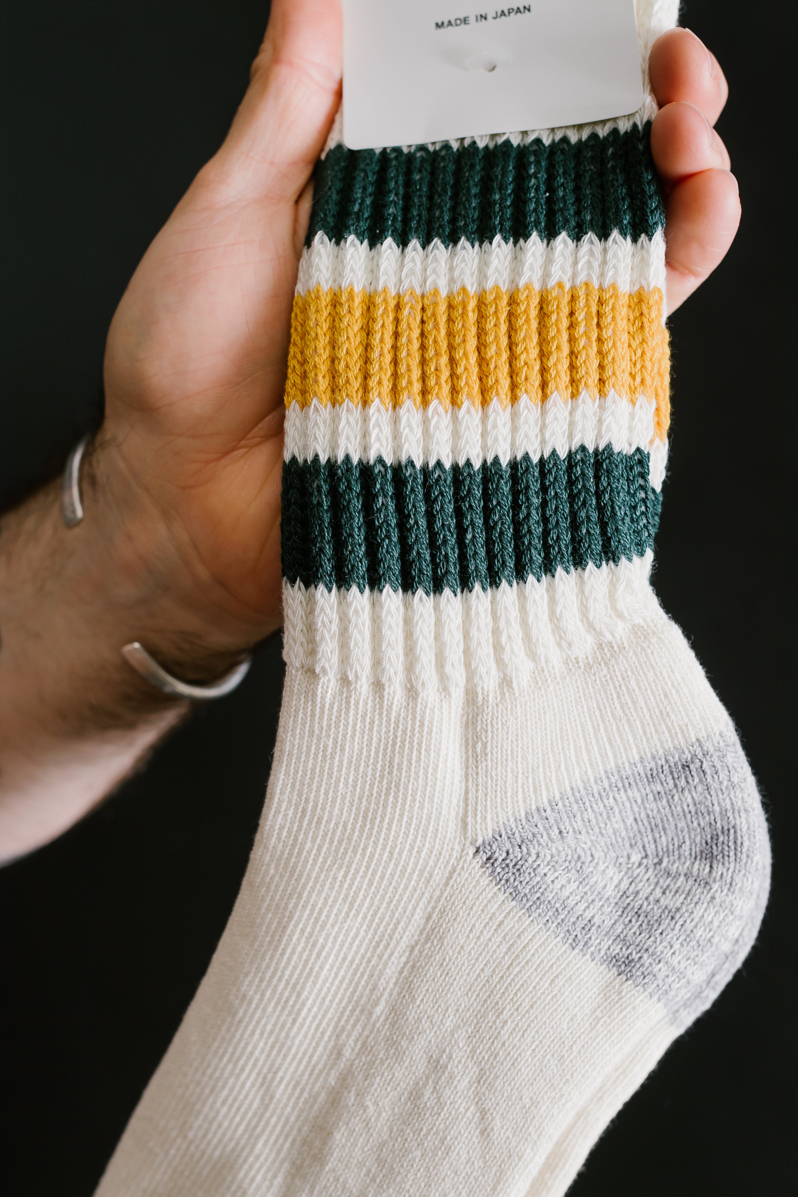 R1255 - Coarse Ribbed Old School Crew Socks - Dark Green, Yellow