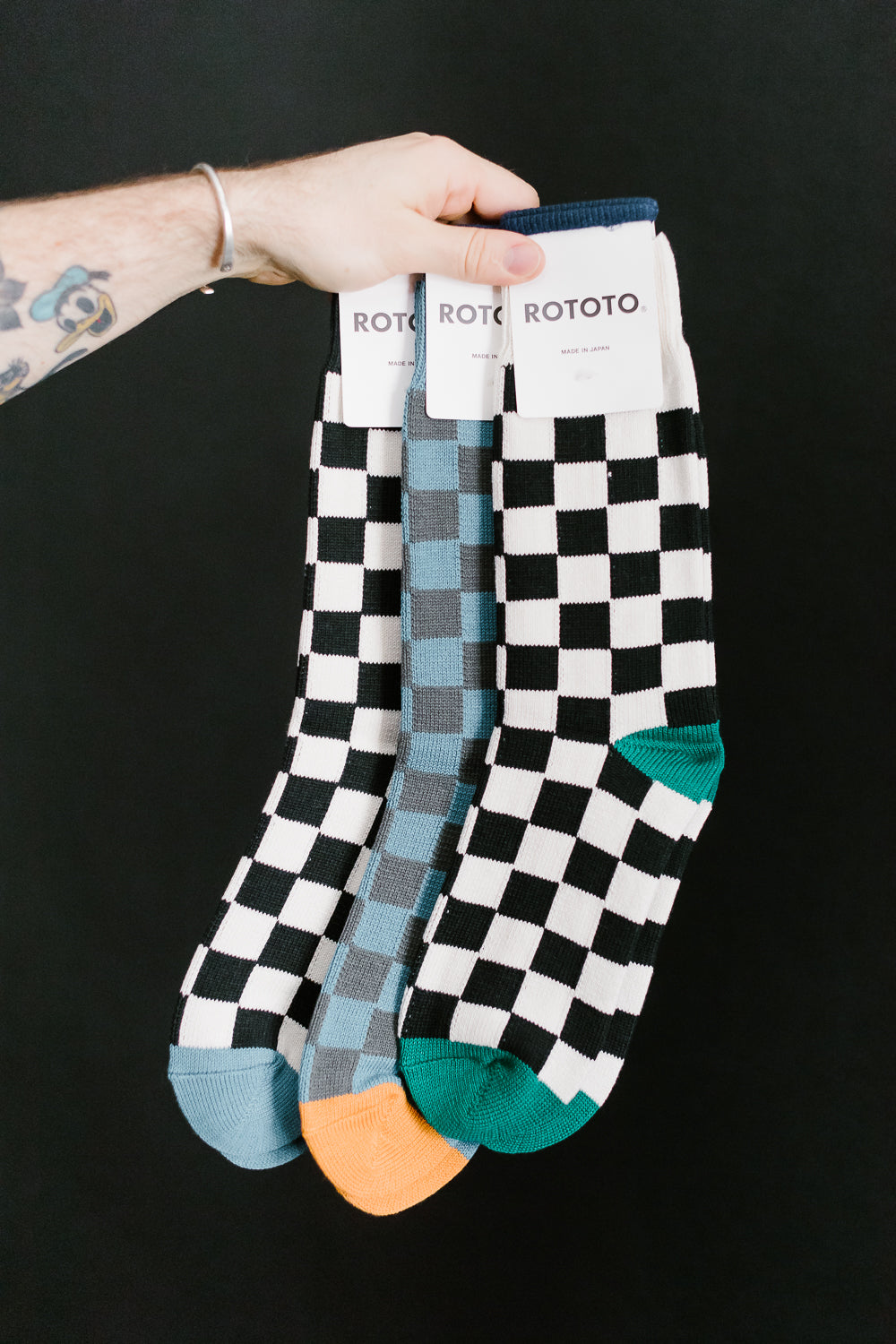 R1495 - Checkerboard Crew Socks - Black, Ivory, Light Blue