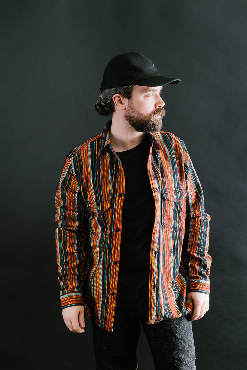 SIN23-02W - Rope Dyed Slub Flannel Stripe Shirt - Indigo, Orange