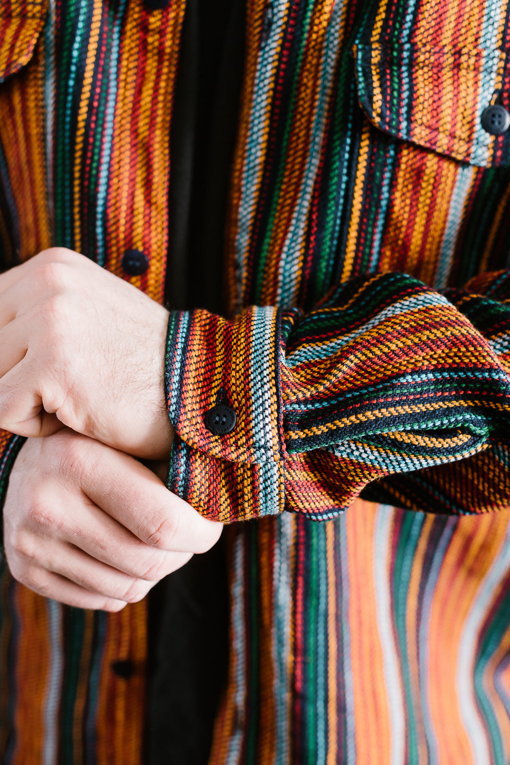 SIN23-02W - Rope Dyed Slub Flannel Stripe Shirt - Indigo, Orange