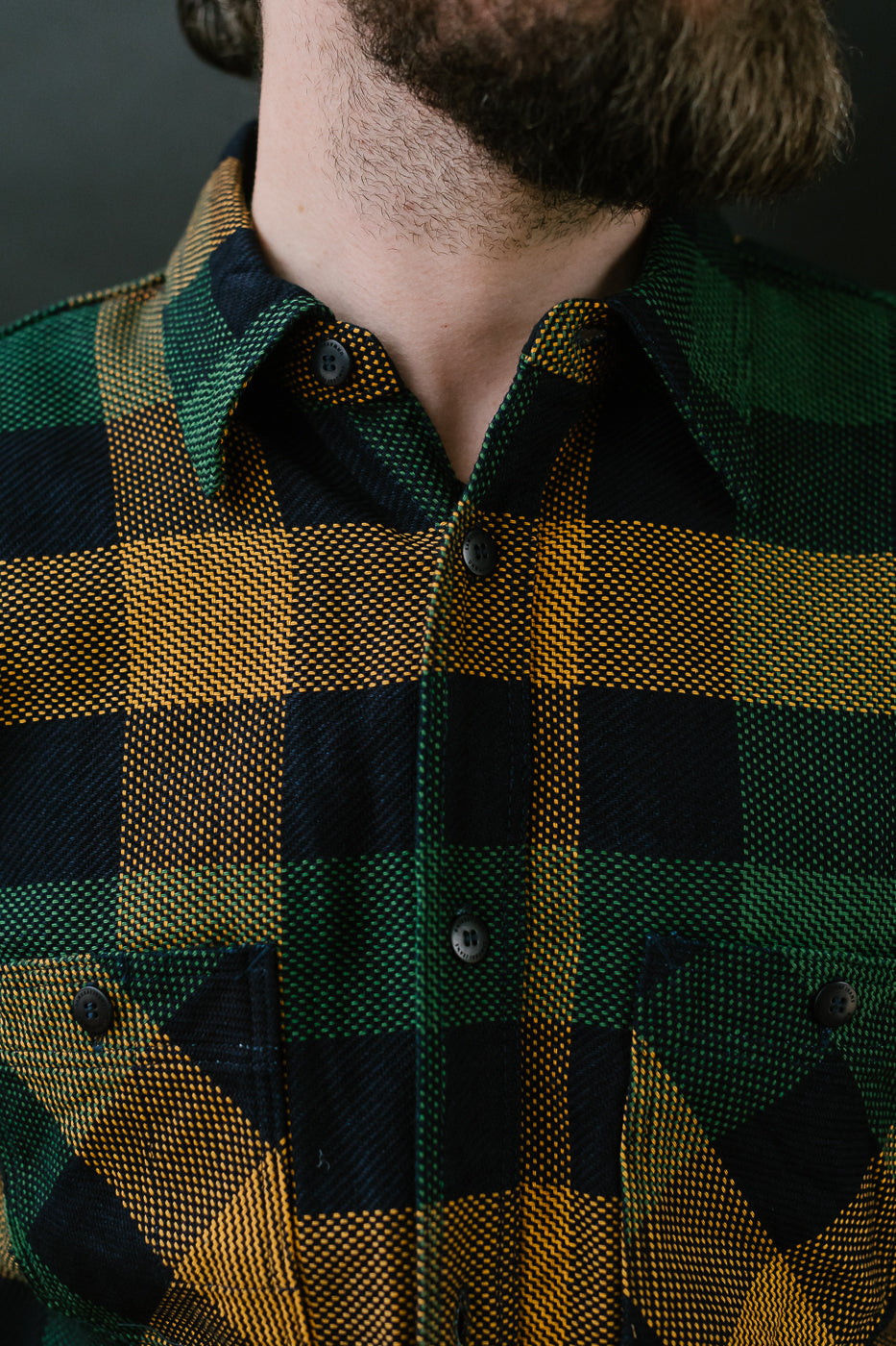 SIN24-01W - Rope-Dyed Indigo Heavy Flannel Work Shirt - Orange, Green