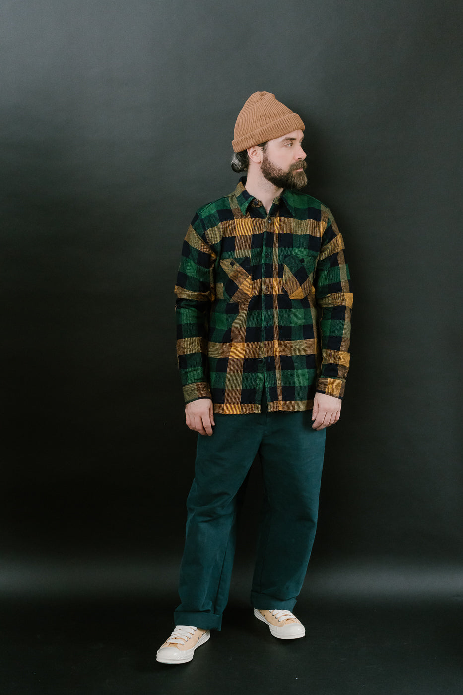 SIN24-01W - Rope-Dyed Indigo Heavy Flannel Work Shirt - Orange, Green