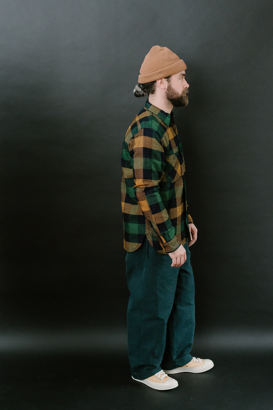 SIN24-01W - Rope-Dyed Indigo Heavy Flannel Work Shirt - Orange, Green