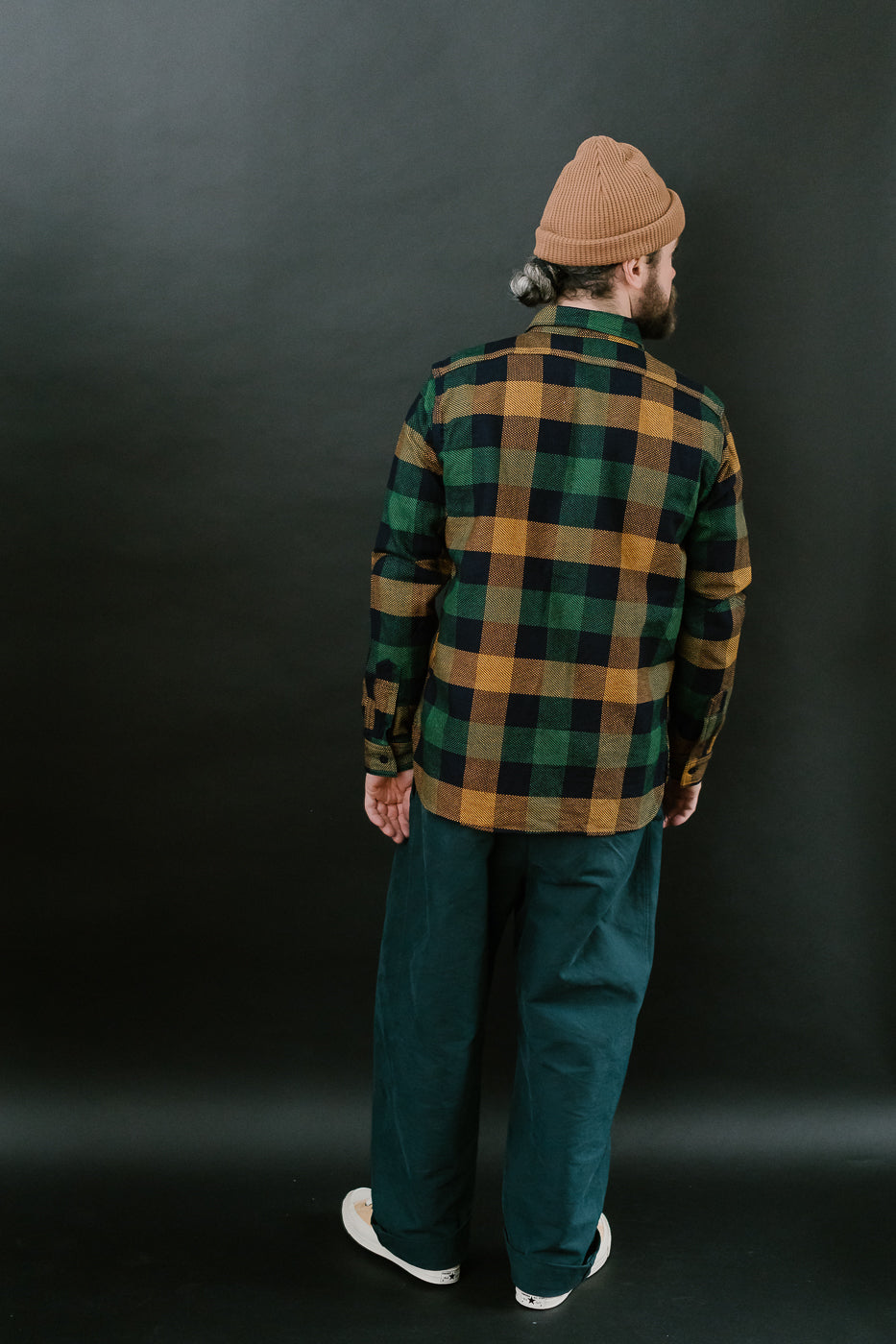 SIN24-01W - Rope-Dyed Indigo Heavy Flannel Work Shirt - Orange, Green