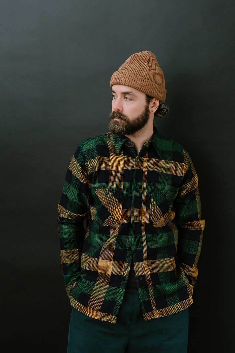 SIN24-01W - Rope-Dyed Indigo Heavy Flannel Work Shirt - Orange, Green