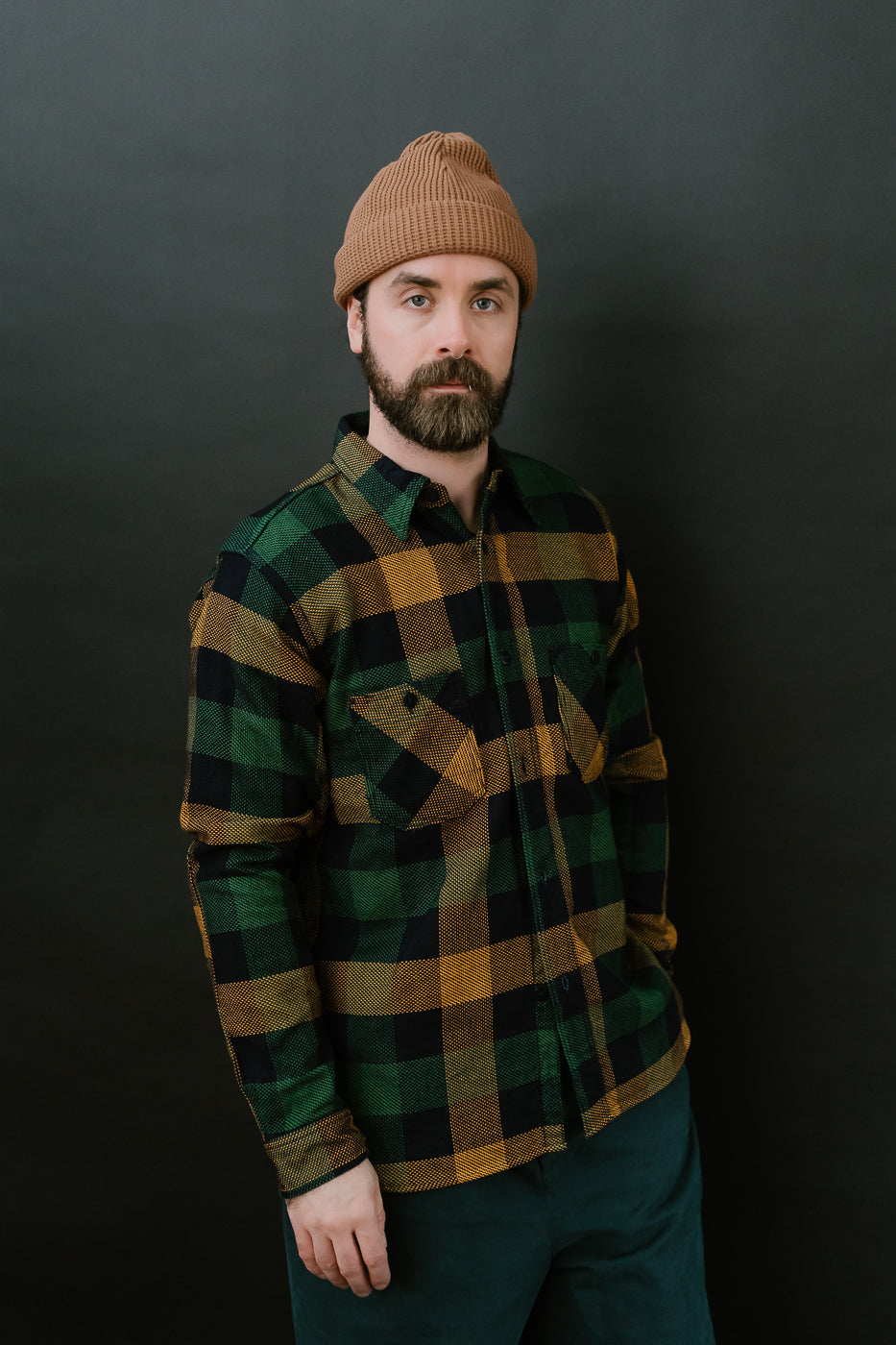 SIN24-01W - Rope-Dyed Indigo Heavy Flannel Work Shirt - Orange, Green