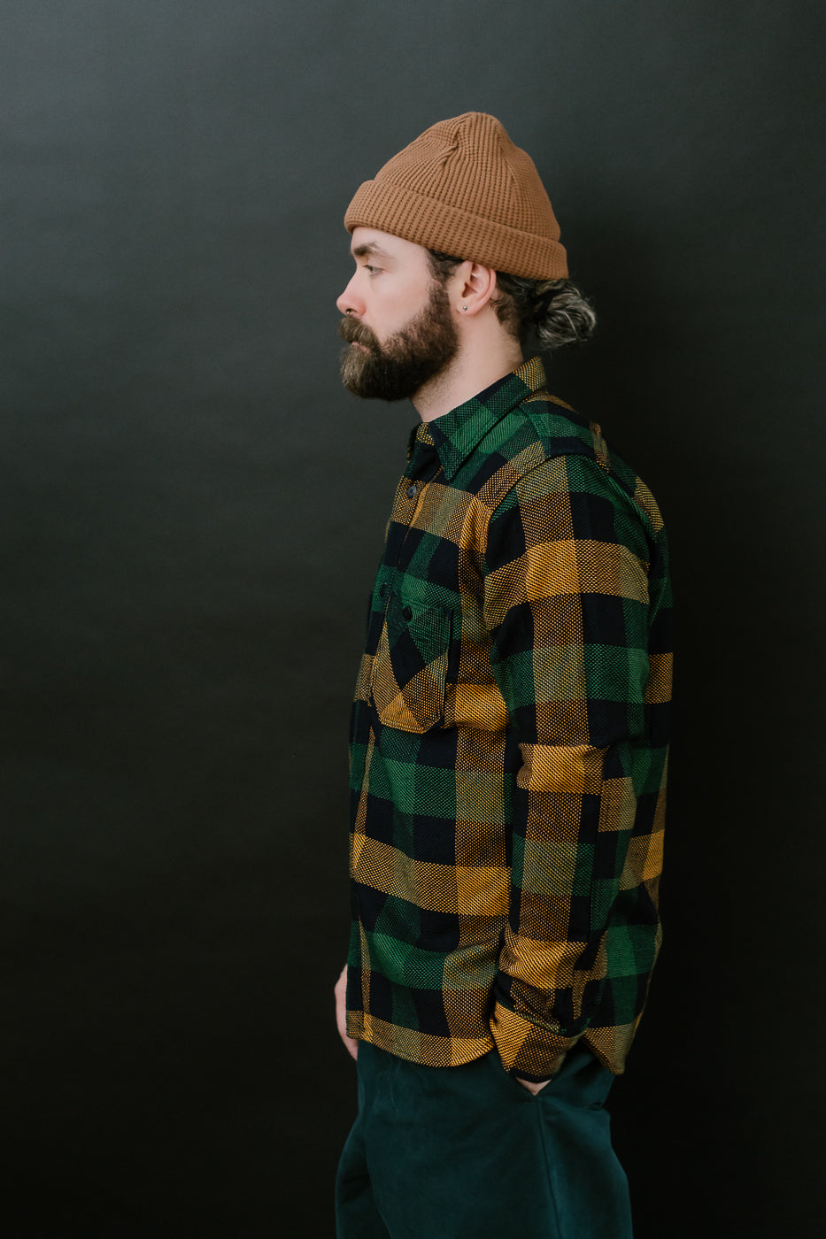 SIN24-01W - Rope-Dyed Indigo Heavy Flannel Work Shirt - Orange, Green