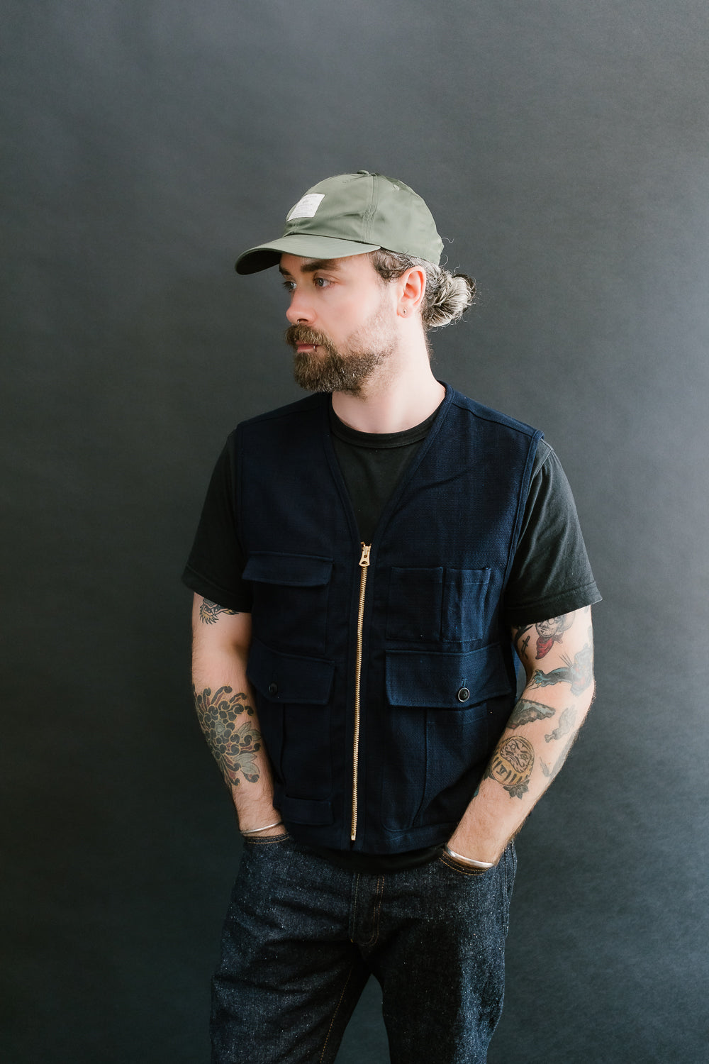 SJVT24-AK - 'Aimadara' Spotted Mixed Field Vest - Natural Indigo