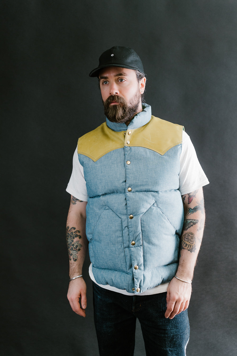 Lot 2200 - Rocky Mountain x Warehouse Selvedge Chambray Down Vest - Sax