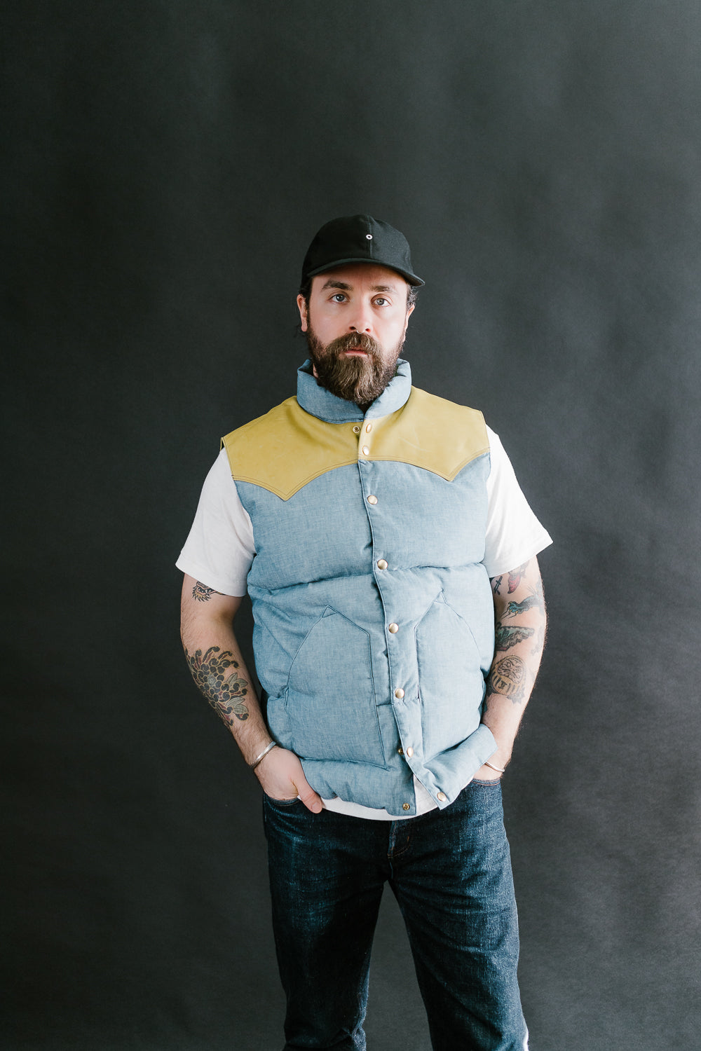 Lot 2200 - Rocky Mountain x Warehouse Selvedge Chambray Down Vest - Sax