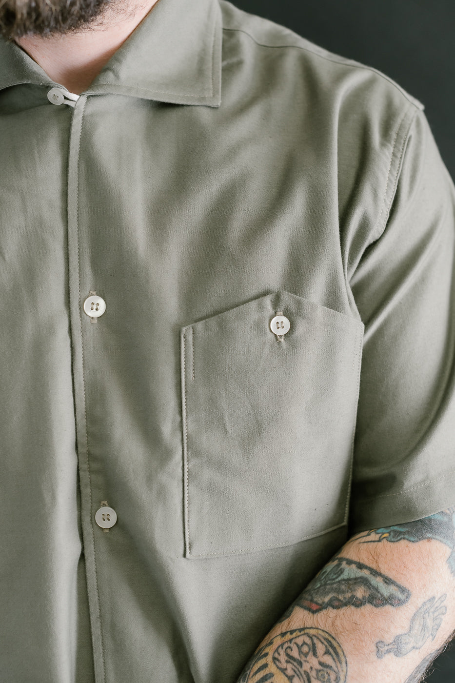 Lot 3091 - S/S Open Collar Shirt - OD Green