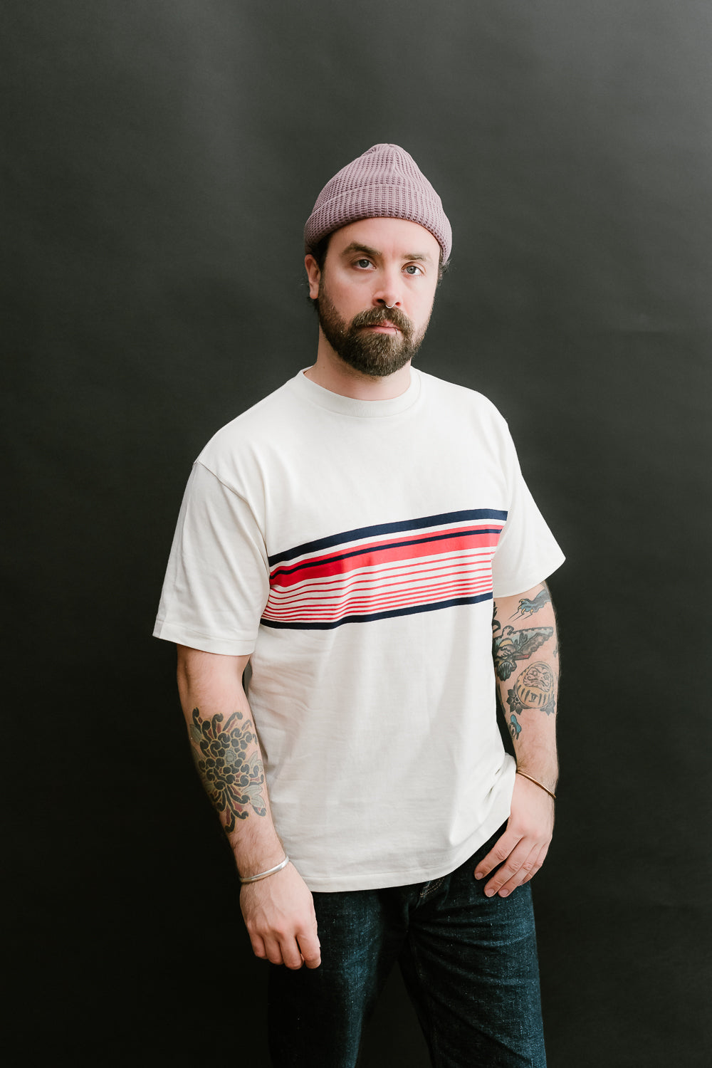 Lot 4093 - Panel Border Tee - Cream, Navy, Red