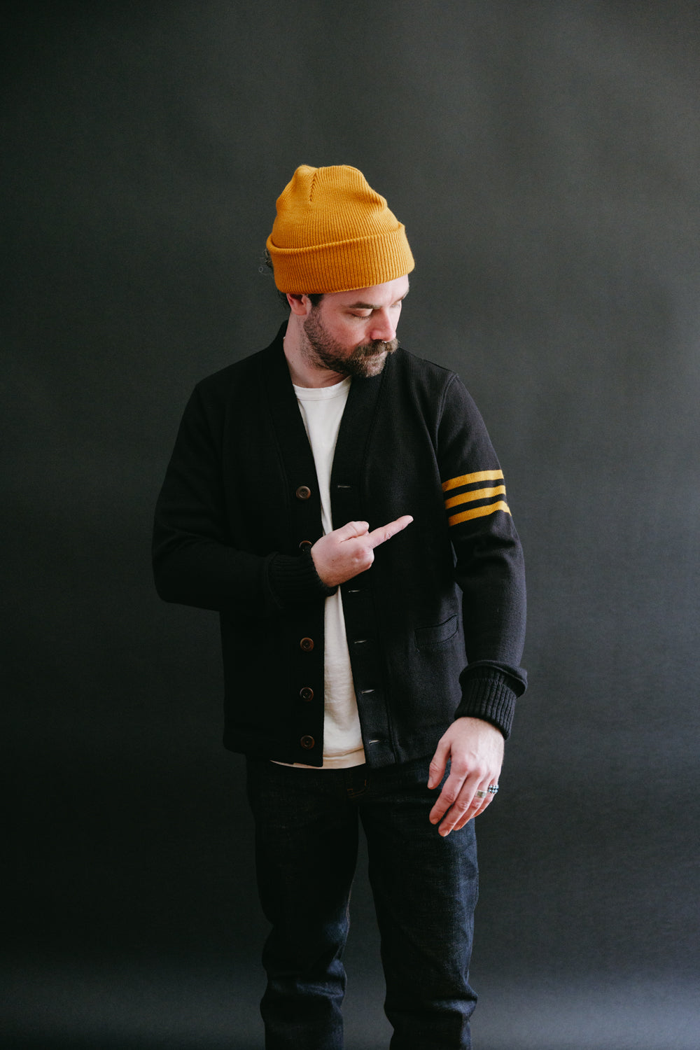 James Dant x Dehen - Classic Varsity Cardigan - Black, Old Gold