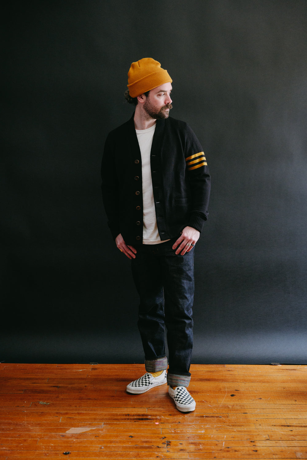 James Dant x Dehen - Classic Varsity Cardigan - Black, Old Gold