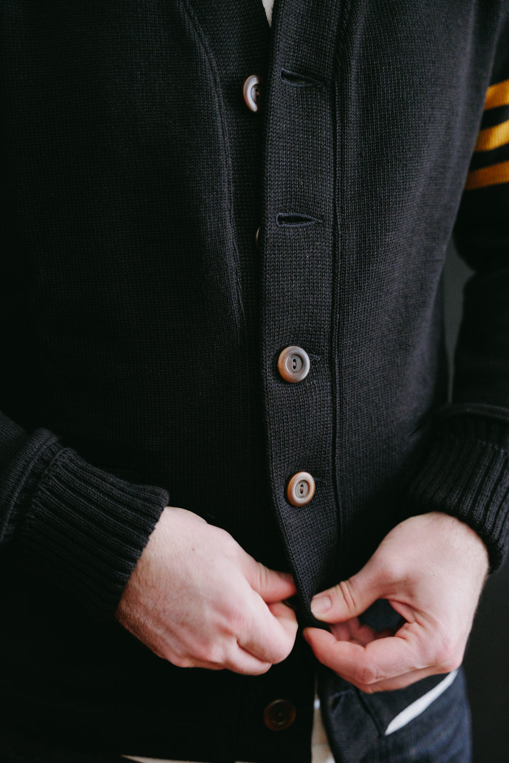 James Dant x Dehen - Classic Varsity Cardigan - Black, Old Gold